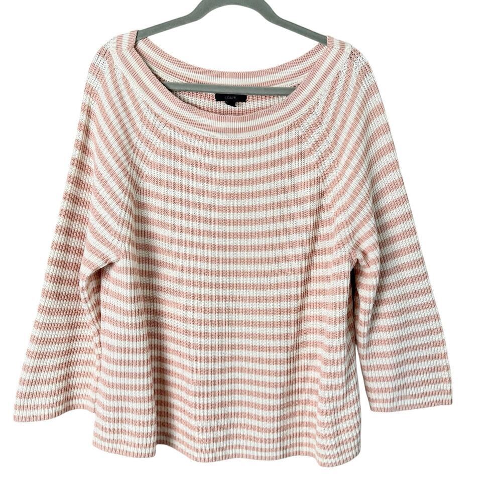 J.Crew Boatneck Relaxed‎ Cotton Sweater Pink White Stripes 3/4 Sleeves, Size XL